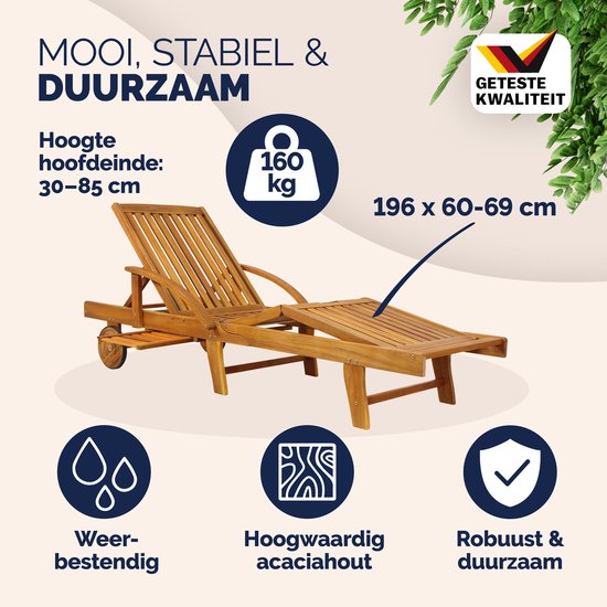 Casaria Ligstoel Tami Sun 2 Stuks - Acaciahout op Wielen - Bruin van Casaria — afbeelding 2