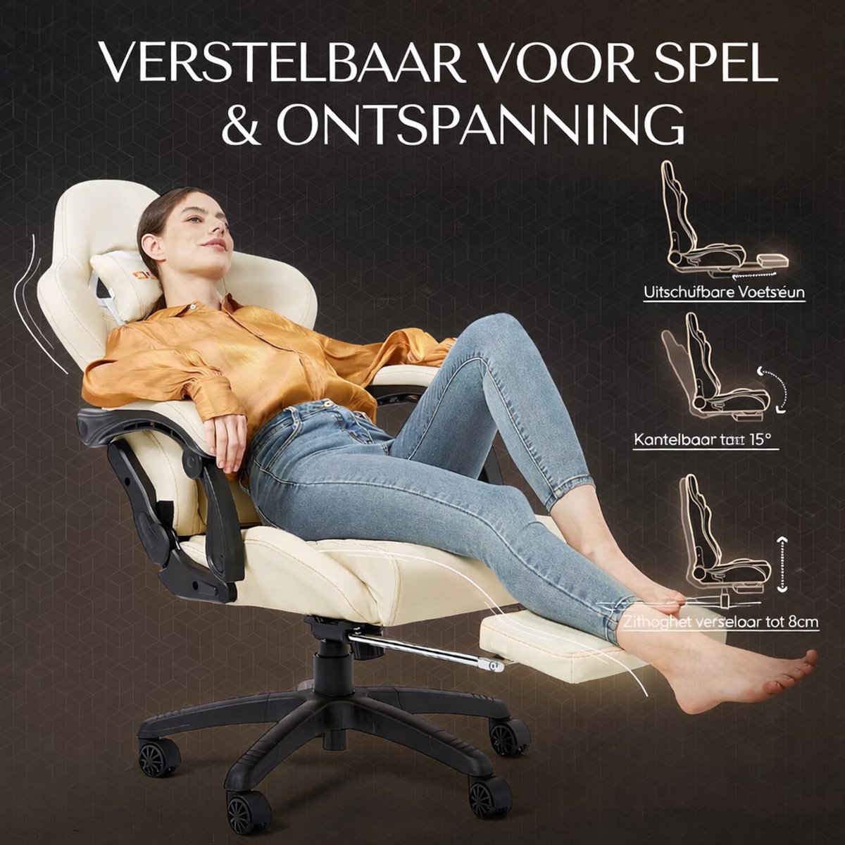 Dowinx Luxe Gamingstoel - Ergonomische Bureaustoel van PU Leer met Boutis-Stiksel, Massage-Lendensteun, Voetsteun, Verstelbare Rugleuning 90°-170°, Tot 200 kg - Wit – foto 3
