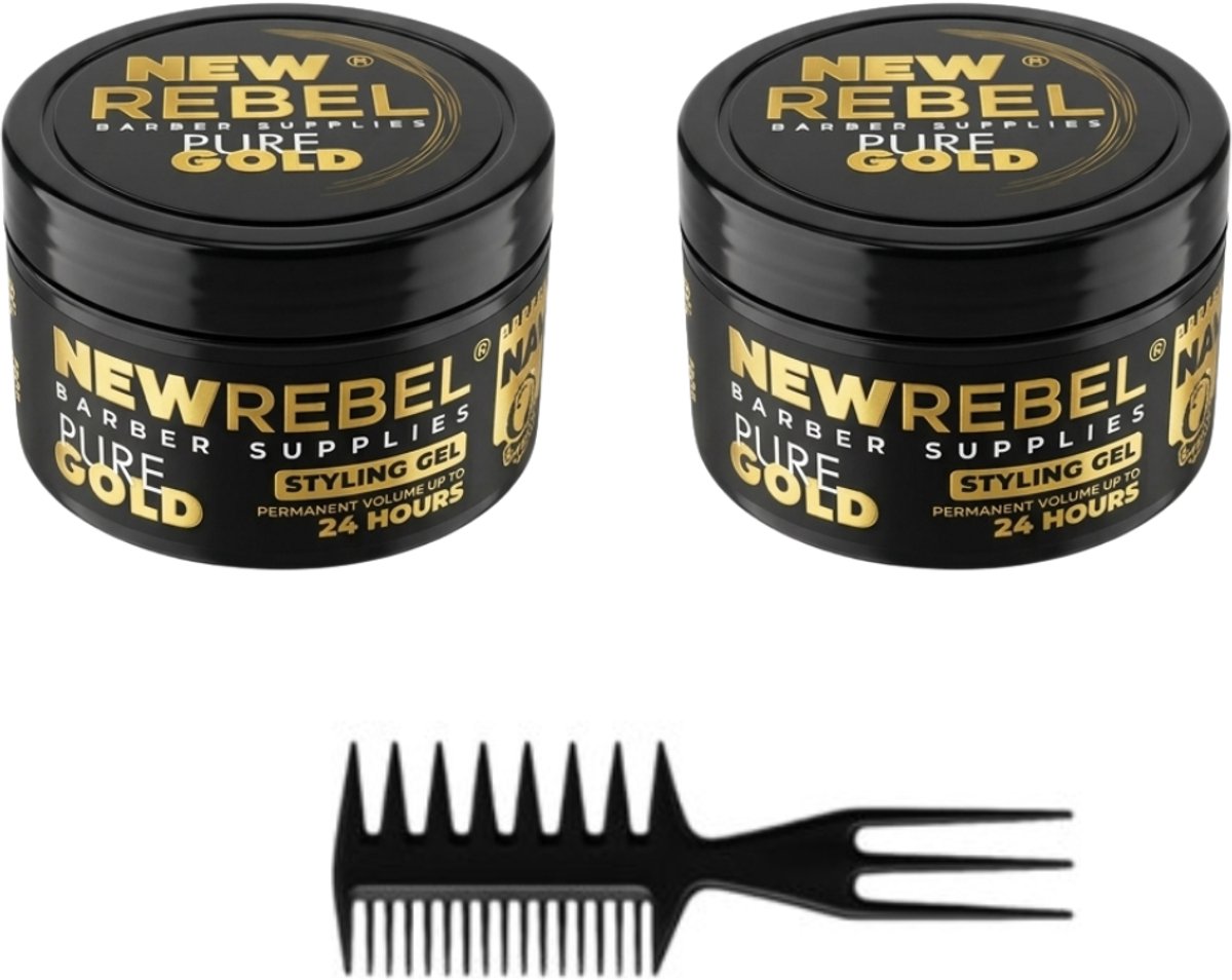 New Rebel Hair Gel Pure Gold – Ultra Sterke Haar Gel – Wet Look – Langdurige Hold – 2 x 450 ml + Stylingkam