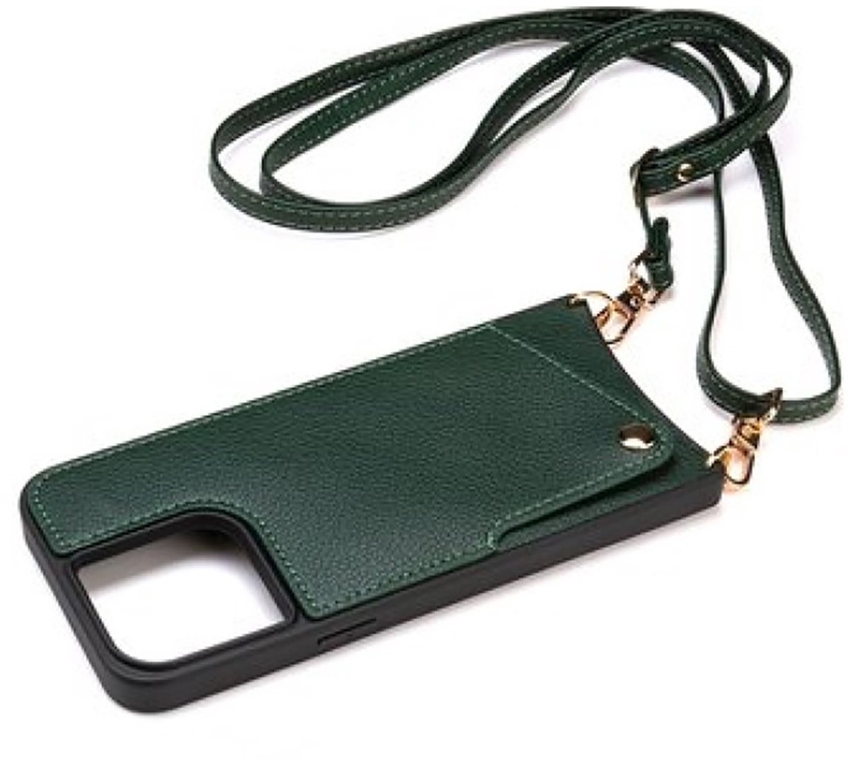 CaseBoutique - Backcase Hoesje - iPhone 13 Pro Max - Donkergroen - Kunstleer - met Crossbody Koord & Pashouder