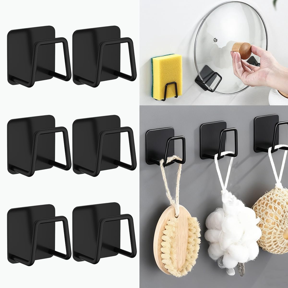 RVS Sponshouder (6 stuks) - RVS- Zelfklevend - Waterbestendig - Gootsteen Organizer- Vaatdoek Houder - Sponzen Houder - Geschikt voor Opbergruimte in Keuken en Badkamer - Zwart