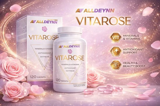Vitarose tabletten in witte fles en doos, omringd door roze rozen en glinsterende deeltjes. De tekst "Vitarose Minerals & Vitamins" is zichtbaar.