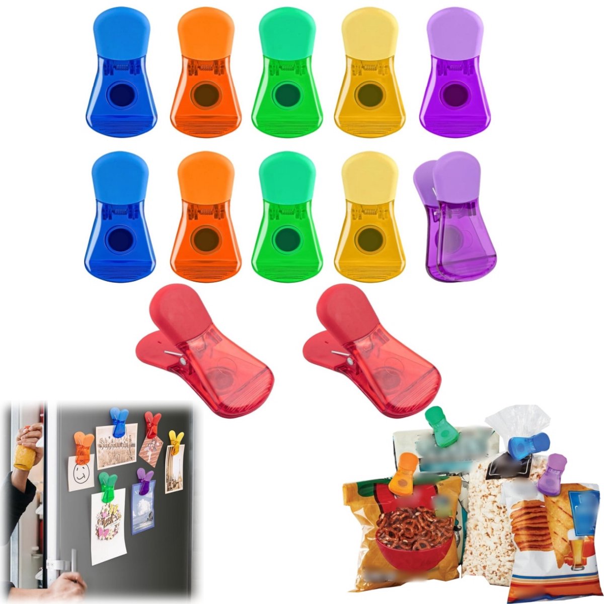 12 stuks afdichtingsclip- Voedselclips - Sluitclip voor snackzakjes - Magnetische clip voor de koelkast - Meerkleurige opbergclips - Voor chips, snacks, keukenopslag en koelkasten (7,5*4 cm - 6 kleuren)