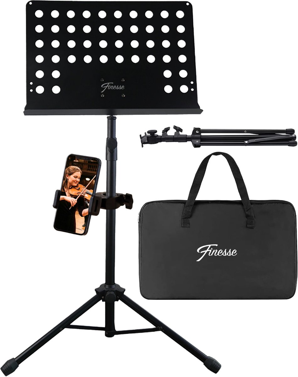 Finesse Muziekstandaard voor Bladmuziek met Telefoonhouder - XL - Opvouwbaar - met Draagtas - Lessenaar - voor Tablet - Zwart