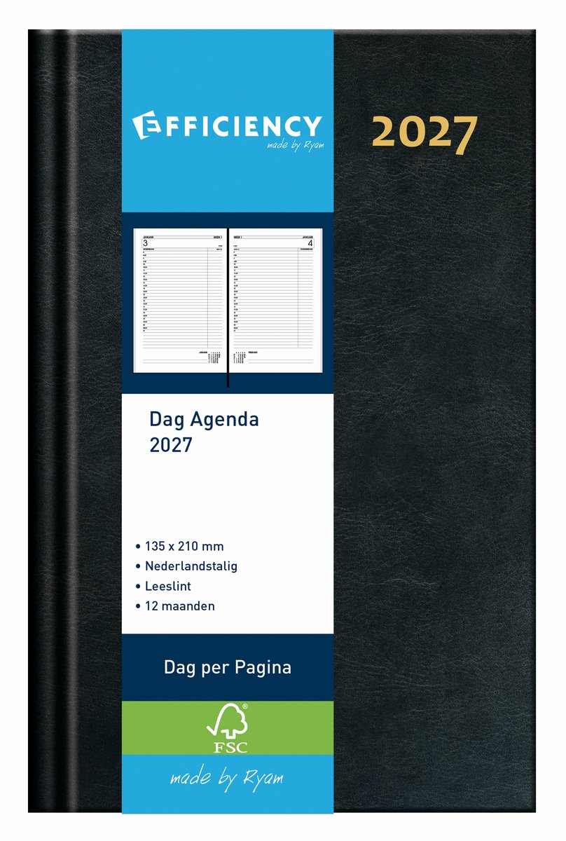 Ryam | Bureau Agenda | Efficiency 1 Dag NL | 2027 | Genaaid gebonden | 12 mnd | 135 x 210 mm | Zwart |