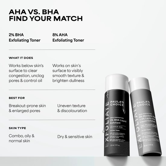 Flesjes Paula's Choice 2% BHA Liquid Exfoliant en 6% Mandelic Acid + 2% Lactic Acid Exfoliant.