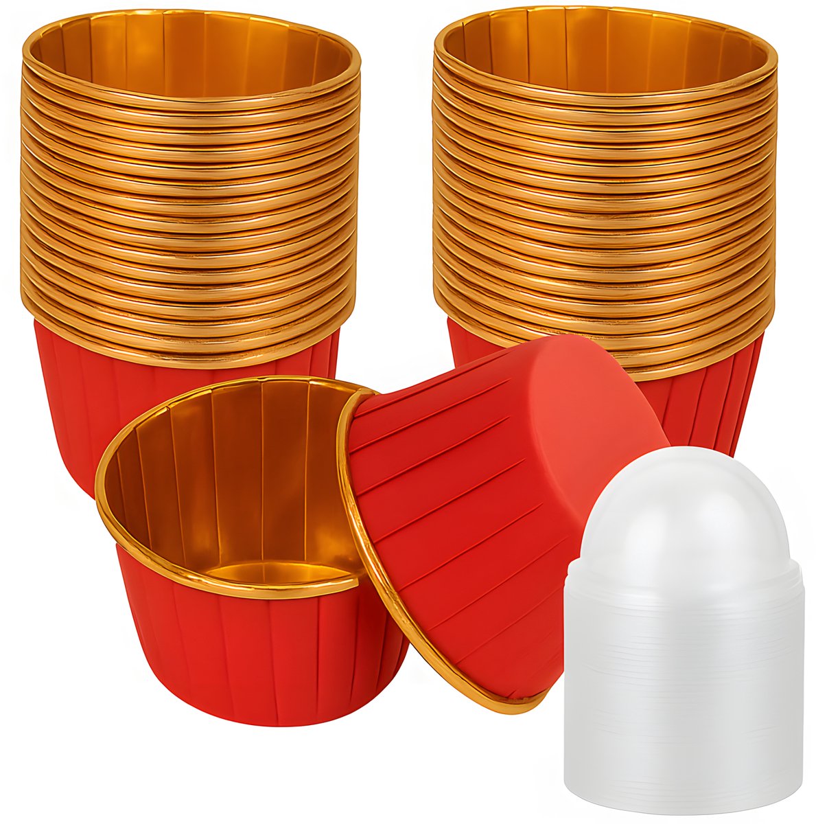 Papieren Muffin Bakjes - 50 stuks - Rood-goud design - Met transparante deksels - (breedte) 50mm x 40mm (hoogte)