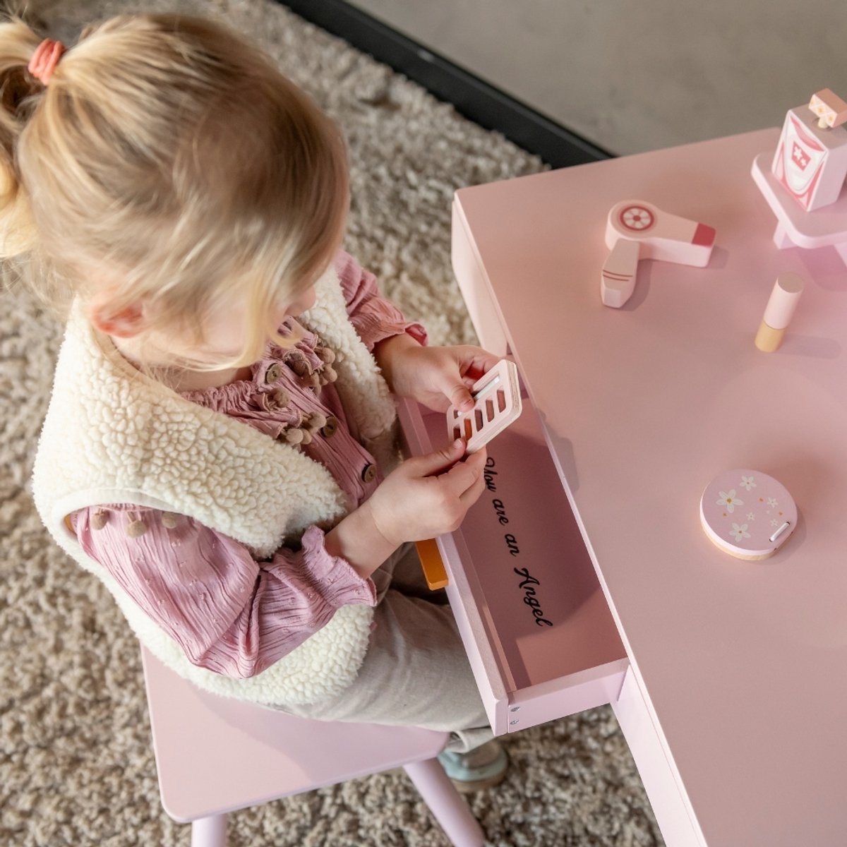 Bandits & Angels Kinder Kaptafel Sofia Roze Met Spiegel en Lampjes voor Meisjes vanaf 3 jaar - Houten Make-Up Tafel - Kaptafel Inclusief Krukje - Voor Kinderen — afbeelding 7