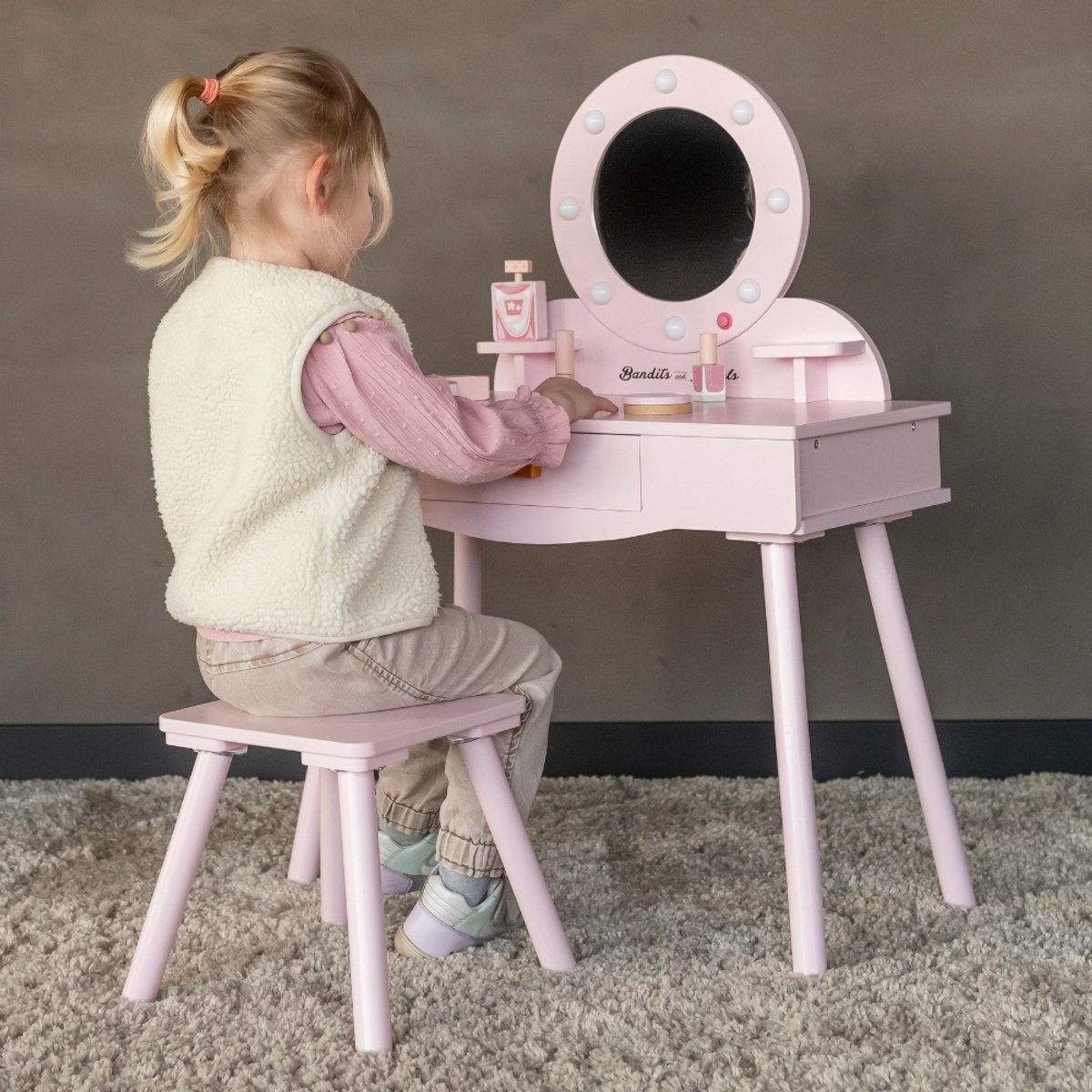 Bandits & Angels Kinder Kaptafel Sofia Roze Met Spiegel en Lampjes voor Meisjes vanaf 3 jaar - Houten Make-Up Tafel - Kaptafel Inclusief Krukje - Voor Kinderen — afbeelding 3