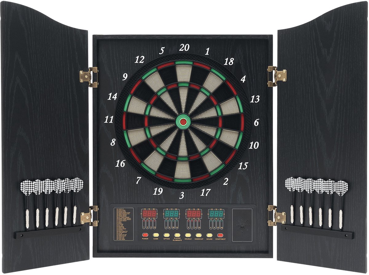 Jently dartbord - elektrisch - dartbordset - elektronische kast - met 12 darts - met automatische scoring - binnen - zwart