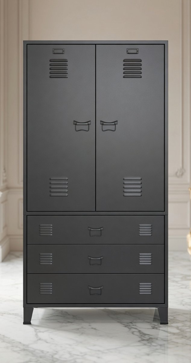 Industriële Metalen Kledingkast met Legplanken en Kledingstang – 90x50x180 cm – Zwart,House&Garden