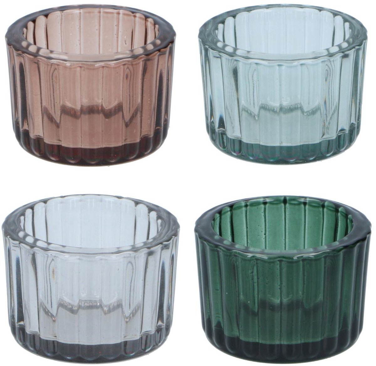 Arti Casa waxinelichtjeshouders set van 4 stuks - glas - rond model - modern design - diameter 5,5 cm x hoogte 3,5 cm - meerkleurig: lichtblauw, donkergroen en lichtgrijs