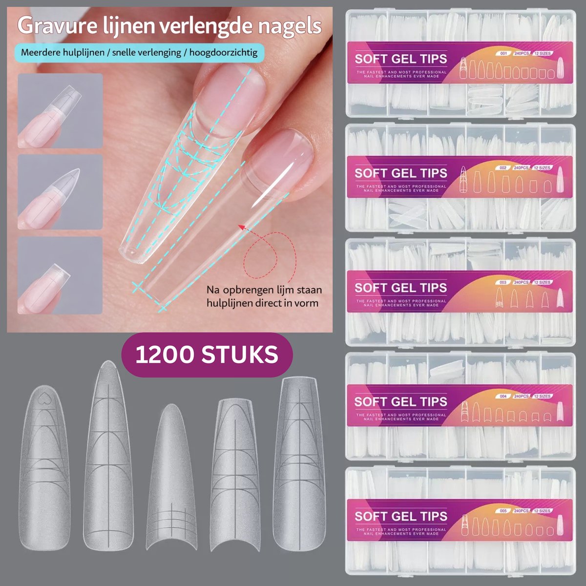 Soft Gel Nageltips met Hulplijnen – 5x240 (1200 stuks) Transparante Nail Tips voor Snelle Nagelverlenging – Meerdere Vormen (Ovaal, Trapezium, Vierkant, Lang-T) – Professionele Nail Art Set - nageltips, soft gel tips, nail extension tips