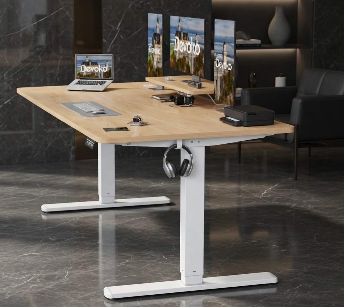 FlexiDesk Elektrisch In Hoogte Verstelbaar Bureau met Monitorstandaard – Ergonomisch Computerbureau – 200 x 80 cm – Beige House&Garden