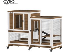 CYRO - Konijnenhok Binnen - Houten Konijnenhokken - op 6 Wieltjes - Konijnenkooi voor Binnen en Buiten - 110X50X86 cm - Bruin Wit