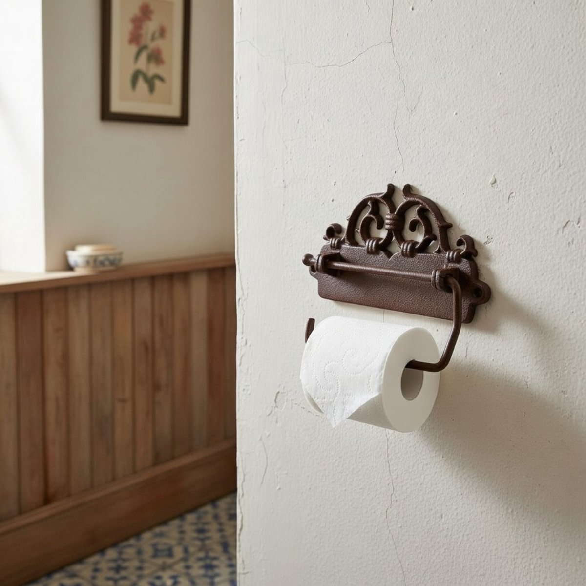 Toiletrolhouder gietijzer bruin 16cmx12cm - Muurbevestiging wc rolhouder hangend - Landelijke wc badkamer