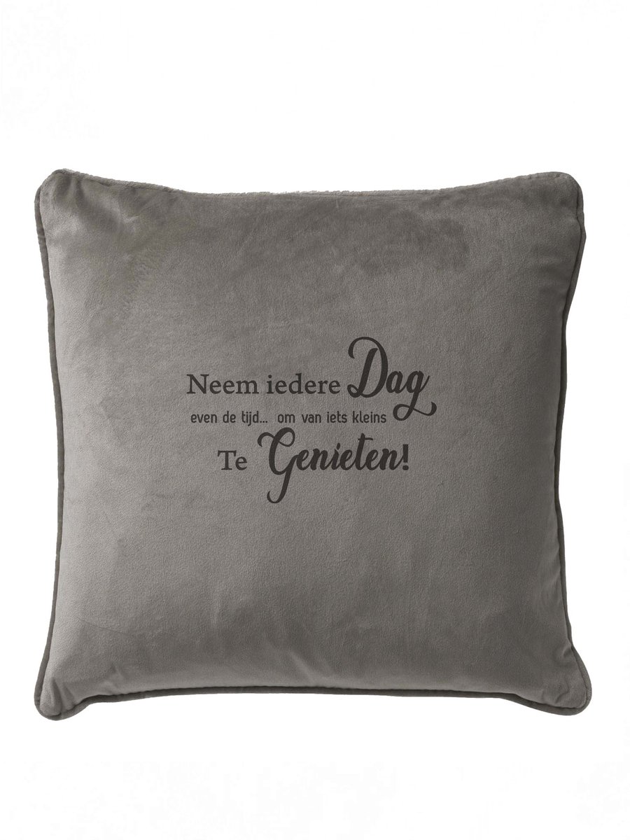 Grijs sierkussen Velours - 45x45cm - Met Tekst: Neem Iedere Dag Even De Tijd Om Van Iets Kleins Te Genieten. Cadeau-verjaardag-bedankje.