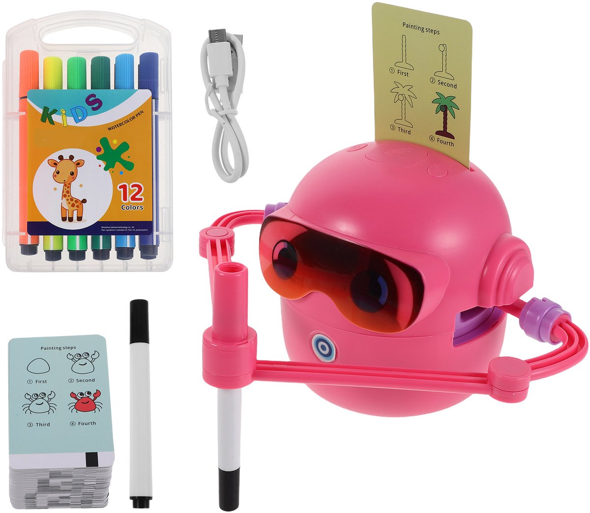 Interactieve Tekendobot voor Kinderen – Montessori Educatief Speelgoed – Slimme Robot met 14 Kleurpennen & 100 Kaarten – Leert Tekenen, Vormen & Cijfers – Roze