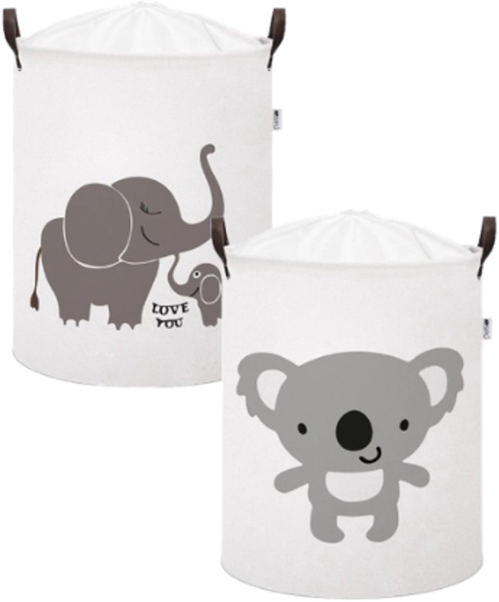 Opbergmand - Speelgoedmand Kinderkamer - Set van 2 - Koala en Olifant Design - Duurzaam Canvas Cotton - Moderne Scandinavische Opberger - 43 Liter - XL - 35 x 35 x 45 cm - Wit