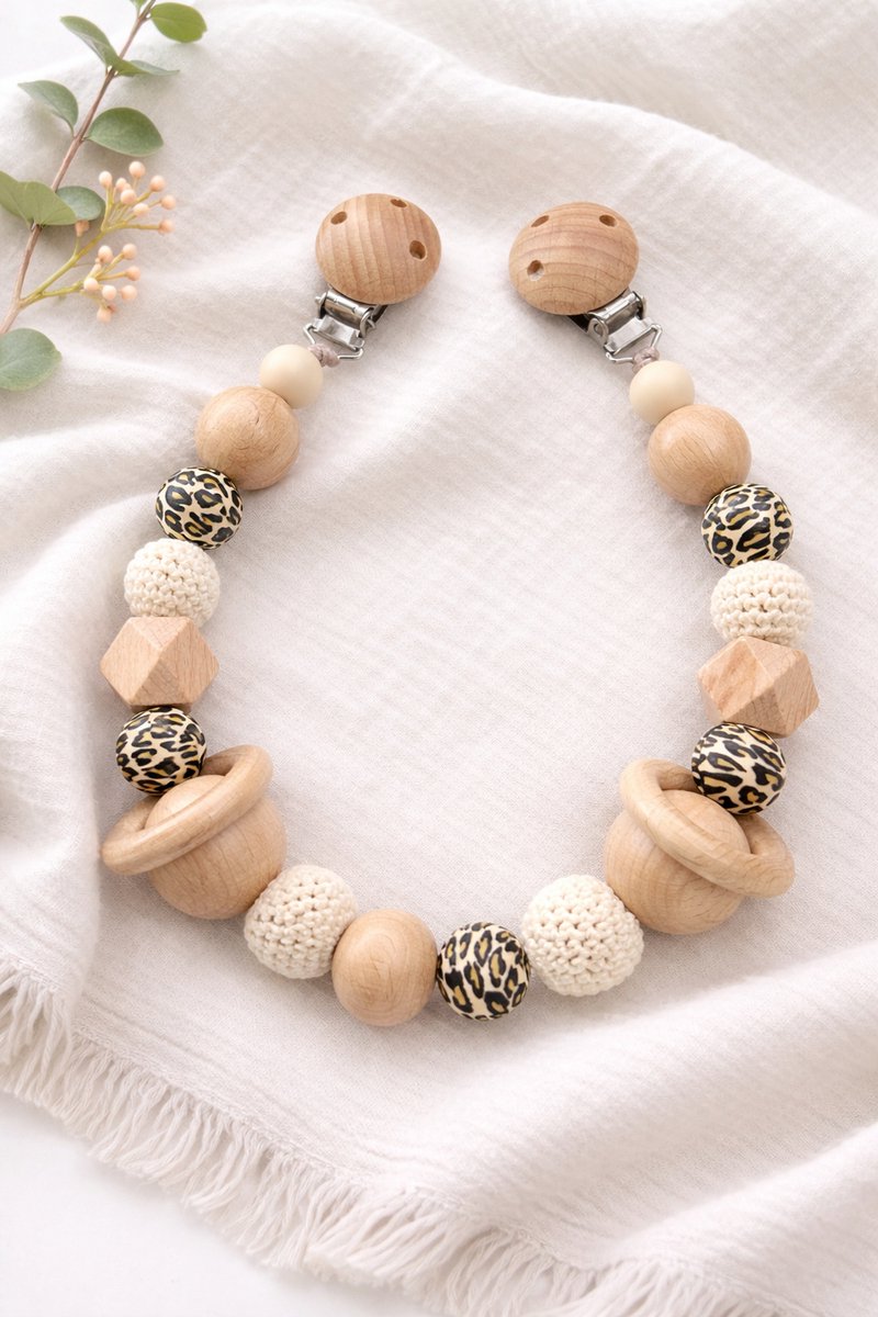 Luxe Speenkoorden - wagenspanner luipaard - creme - jongen - meisje - kraamcadeau - baby shower cadeau - geboortecadeau