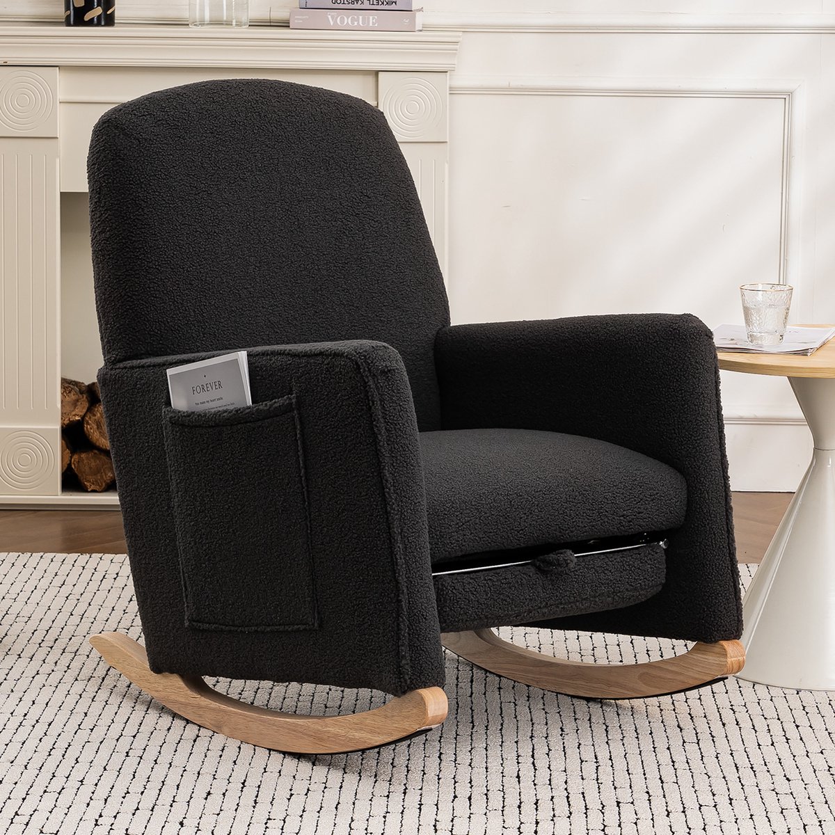 MODFU - Schommelstoel Met Voetenbank - Hoge Rugleuning En Armleuningen - Elegant - Teddy-Stof - Donkergrijs - 67 X 126 X 98 Cm