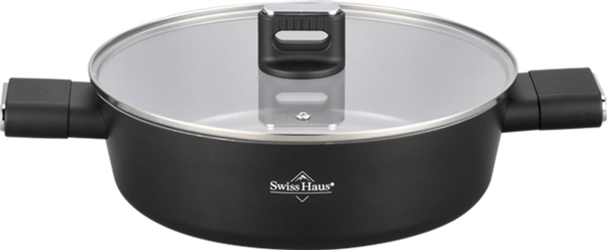 Swiss Haus® SCLC24B Hapjespan Ø24 cm met Deksel – Inductie & Alle Warmtebronnen – PFAS Vrij – 2.8L Braadpan – Antiaanbaklaag – Zwart