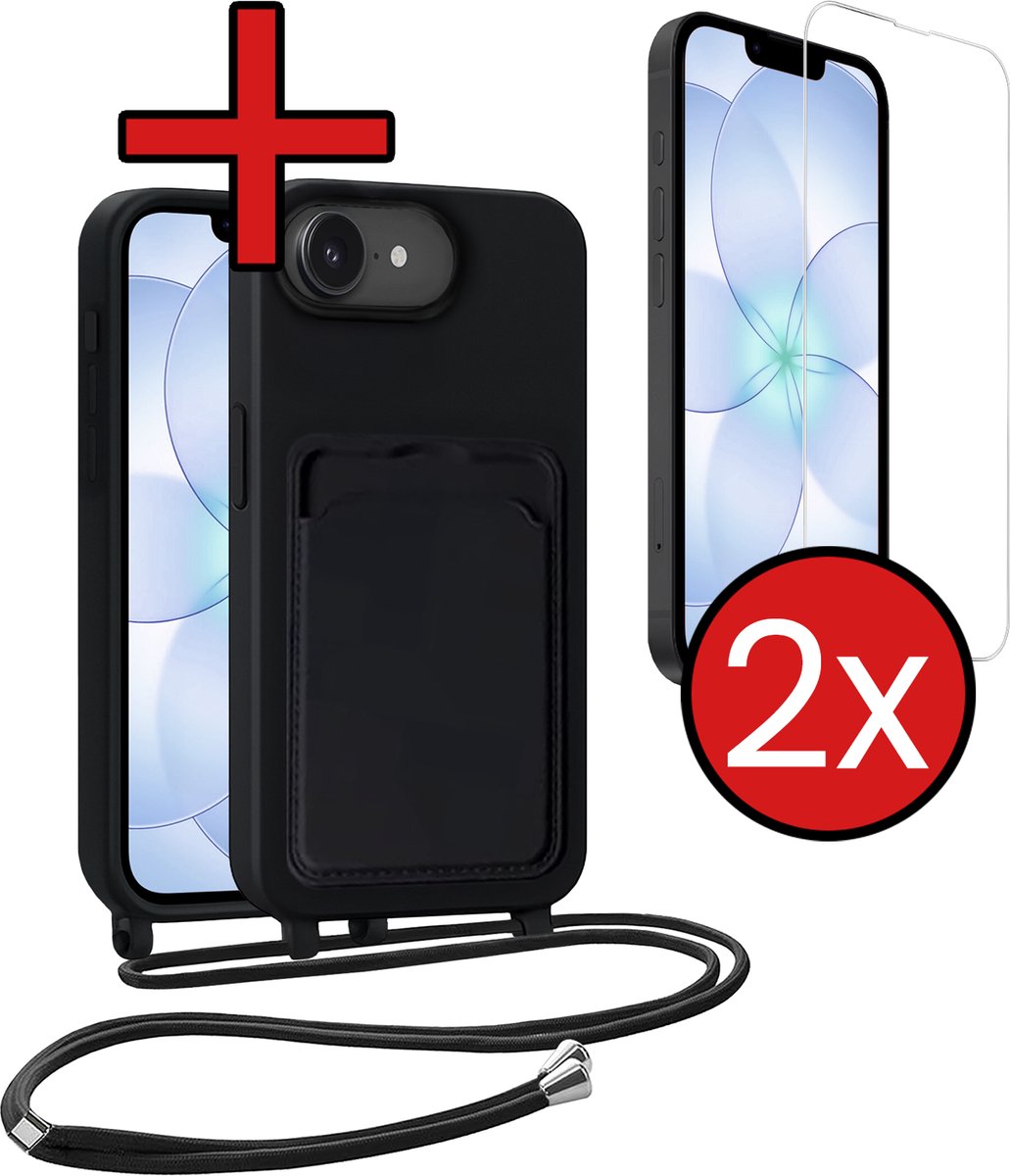 Hoesje Geschikt voor iPhone 17e Hoesje Siliconen Case Met Koord Met 2x Screenprotector - Hoes Geschikt voor iPhone 17e Hoesje Backcover Met Telefoonkoord - Zwart
