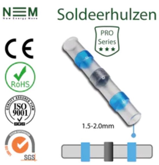 waterdichte Soldeerhulzen Blauw Geschikt voor kabels van 1.5-2.0mm