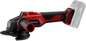 Einhell haakse slijper met rood/zwart design en accu.