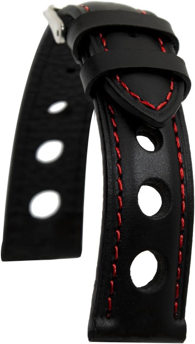 Leren Horlogeband - Vintage Band - Sportief Uiterlijk - Geperforeerd Design - 18-24 mm Maten - Zwart met Rood