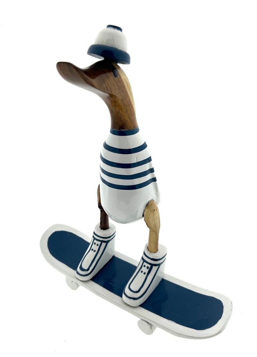 Houten eend Wessel skateboard wit/blauw