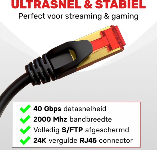 Câble Ethernet ProFPS Cat 8 – 3 mètres – 40 Gbit/s et 2 000 MHz – S/FTP – RJ45 – 100 % Koper – Zwart – Câble réseau pour Gaming, TV, routeur et Switch