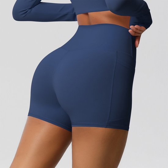 Gym Revolution - Korte Sportlegging dames - Sportbroek dames met zakje - Sportkleding dames - Yoga short dames - Hardloopbroek dames kort - High waist sportlegging - Fitness legging dames - Gym short dames - Navy blue - Maat S van Gym Revolution — afbeelding 5