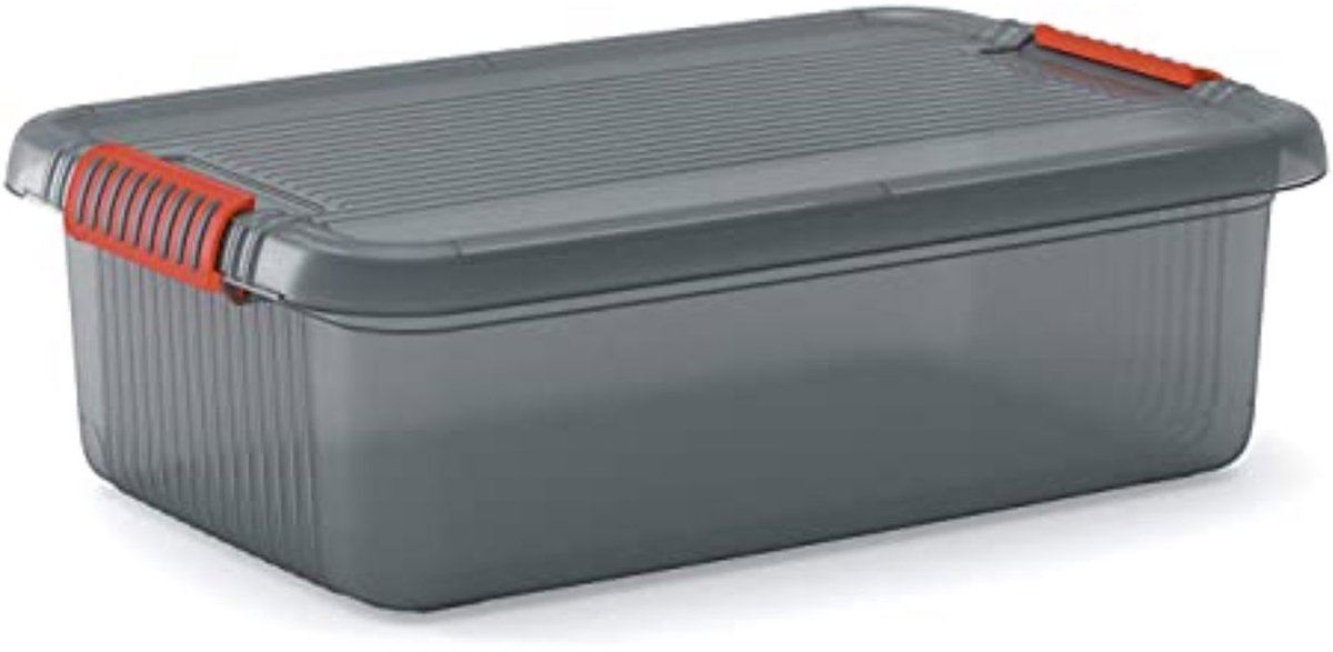 Kis K Latch Box M - Opbergbox met Deksel - 28L - 59x39x18cm - Transparant/Oranje clips