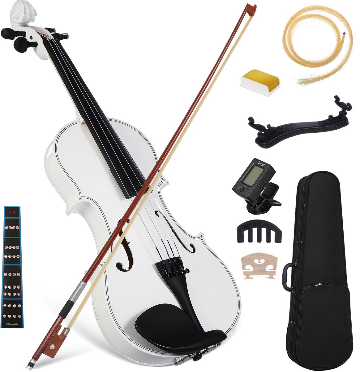 4/4 Viool Starter Kit voor Volwassenen – Baswood Akoestische Viool met Koffer, Stok, Harpuis, Stemapparaat, Schoudersteun & Demper – Compleet Beginnerspakket – Wit