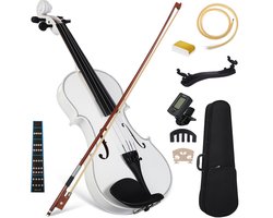 4/4 Viool Starter Kit voor Volwassenen – Baswood Akoestische Viool met Koffer, Stok, Harpuis, Stemapparaat, Schoudersteun & Demper – Compleet Beginnerspakket – Wit