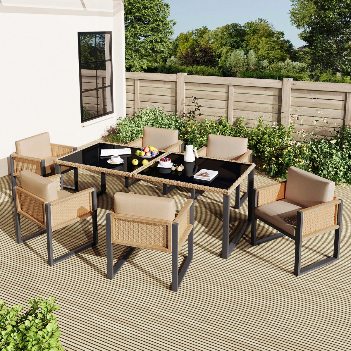 Rotan eettafel- en stoelen set - tuinmeubilair - voor 6 personen - inclusief stoelen - met afneembare en wasbare stoffen hoezen