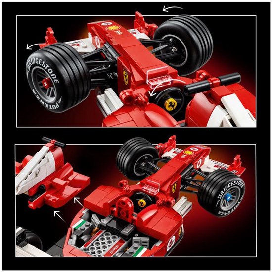 Gros plan des roues avant et du cockpit de la LEGO Ferrari F2004 rouge.