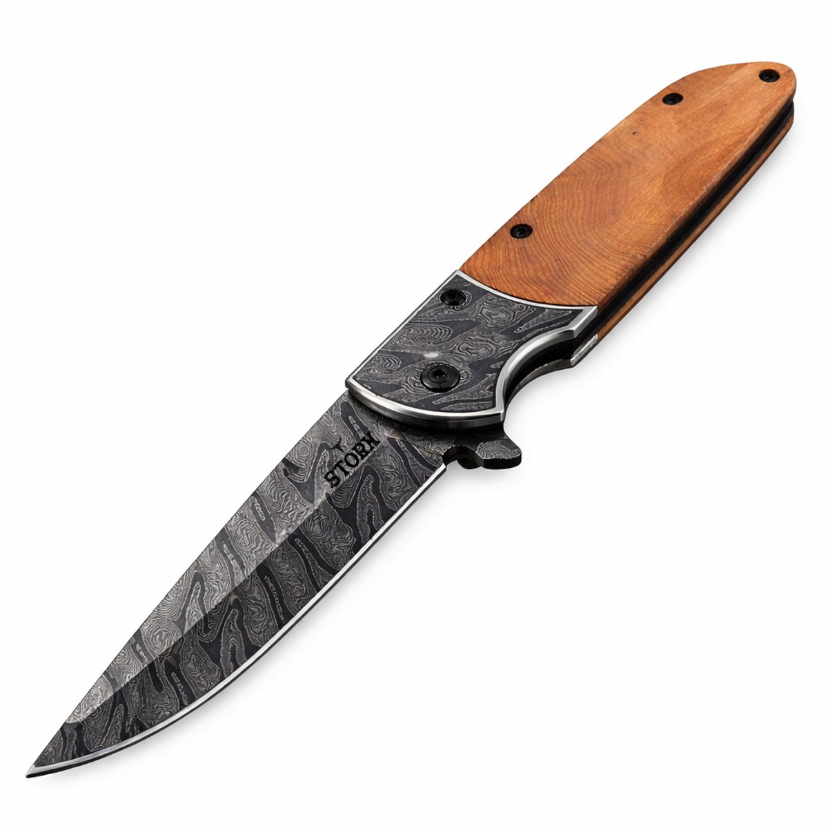 Zakmes - Damascus print - Zakmessen Survival - Outdoor Mes - Pocket Knife - Vlijmscherp - Houten handvat - Stoer - Hunting Knife - Kamperen - 21cm - Cadeau Tip