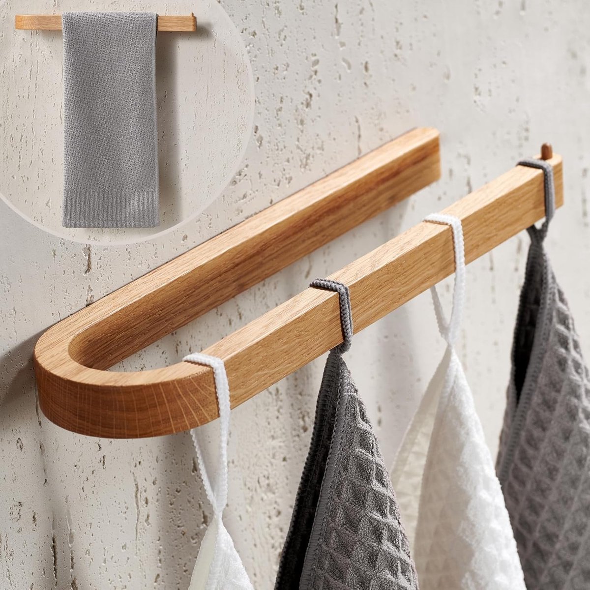 Houten Handdoekrek - Handdoekhouder Wand - Badkamer Keuken - Montage Zonder Boren - 32 cm Lengte - Eikenhout