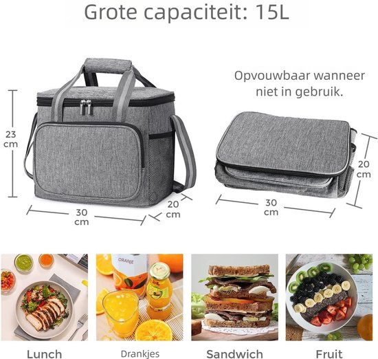Koeltas 15L geïsoleerde lunchtas, kleine koeltassen voor onderweg, kantoor, werk, picknick, reis, strand, auto, grijs van KOEL — afbeelding 2