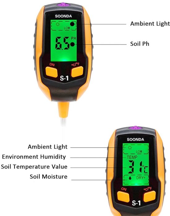 Oranje en zwarte bodemtester met groen display dat 'PH 6.5' en 'TEMP 31' toont.