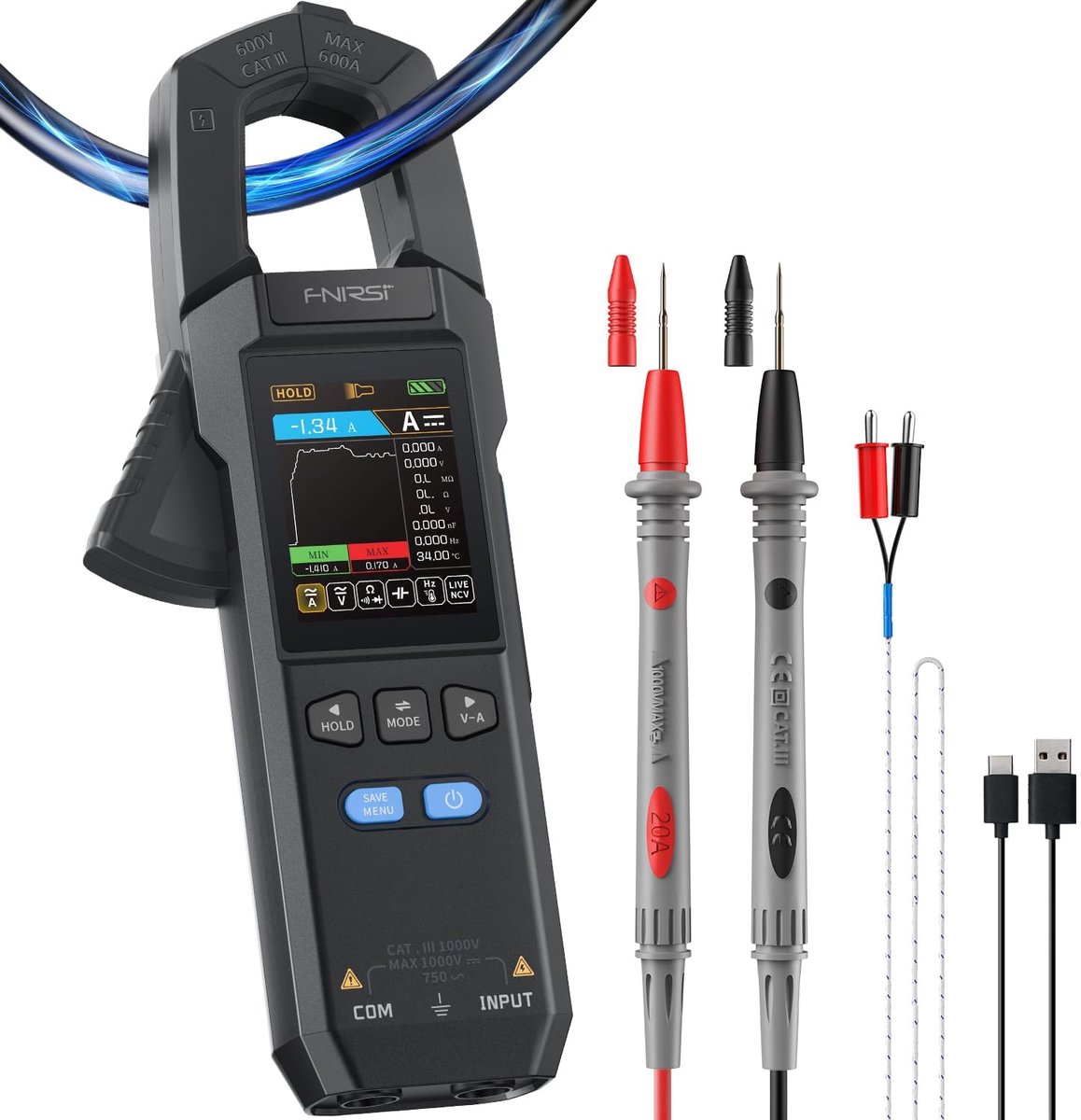 Digitale Tangmeter - Ampèremeter Tester - Nauwkeurig Meten - TRMS Curve Opname - 600A Oplaadbaar - Zwart