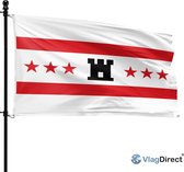 Witte vlag met twee rode banen, vijf rode sterren en een zwart kasteel in het midden.