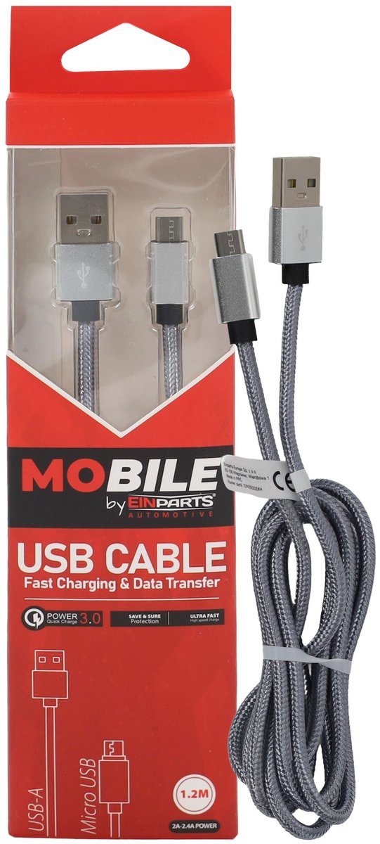 Einparts Usb-A Naar Micro-Usb Kabel 12M 24A Qc 3.0 Met Versterkte Gevlochten Kabel