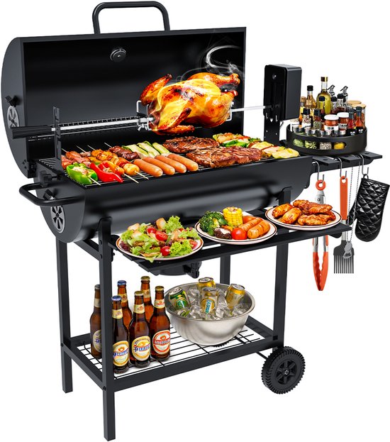 Houtskool BBQ met Deksel - Houtskool Barbecue op Wielen - Grote Grill 70x35 cm - Met Kiprooster - Met Ingebouwde Thermometer - Ijzeren Legplanken - 112 x 64 x 97 cm - Met Flessenopener – Zwart
