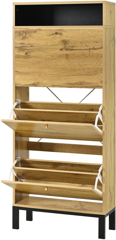 Wishdor - Schoenenkast - 3 Kleppen En Open Vakken - Japandi - Voor De Hal - MDF - Naturel - 63 X 24 X 147 Cm
