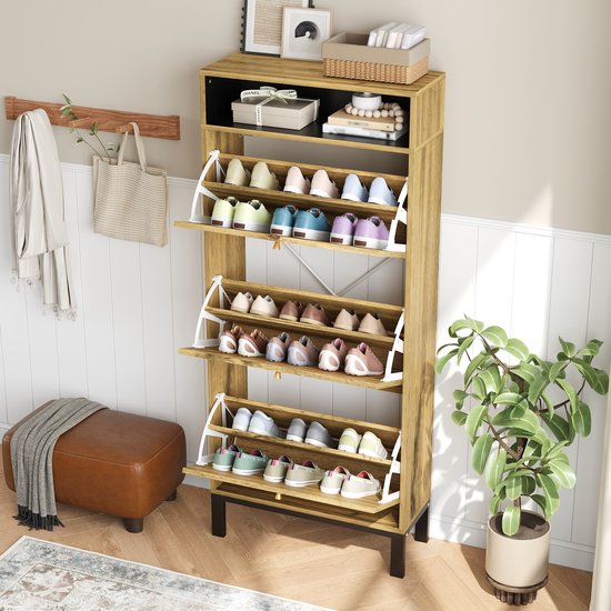 Wishdor - Schoenenkast - 3 Kleppen En Open Vakken - Japandi - Voor De Hal - MDF - Naturel - 63 X 24 X 147 Cm