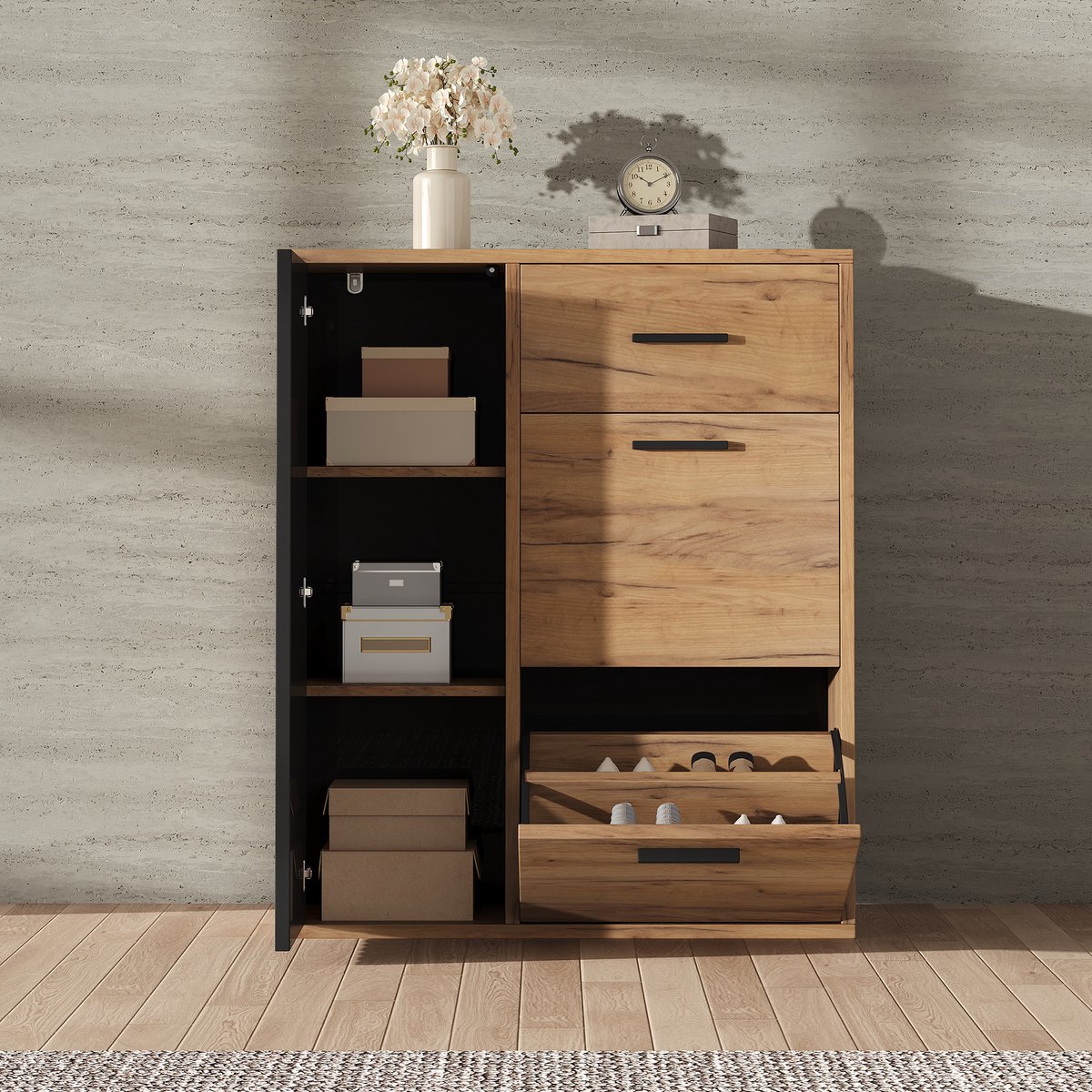Wishdor - Schoenenkast Met Lade En 2 Klepvakken - Modern - Voor De Hal - Spaanplaat - Zwart En Naturel - 80 X 24 X 95,5 Cm