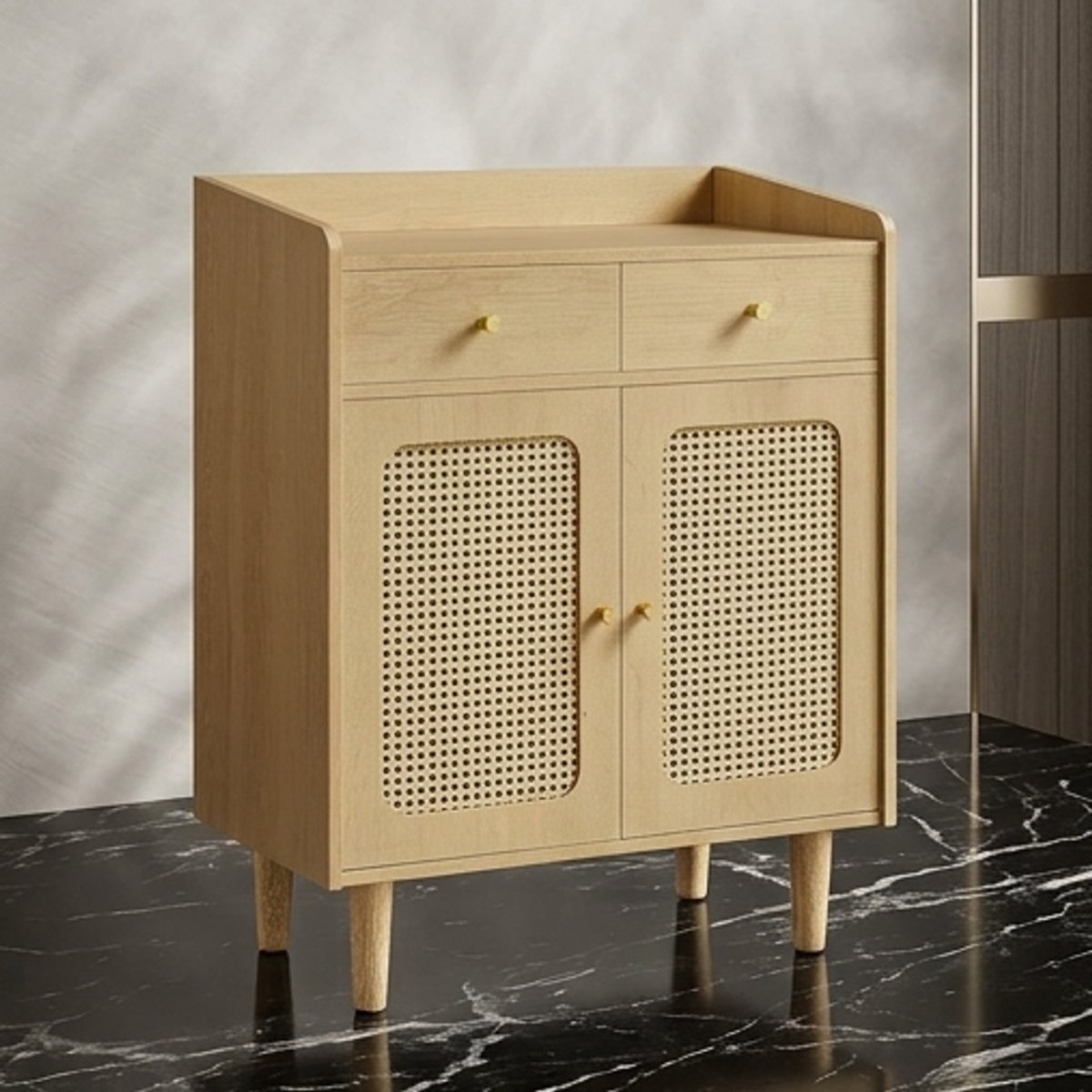 Bohoven Luxe Opbergkast – Dressoir en Keukenkast in Rotan Look met Laden, Verstelbare Plank en Kabelbeheer – Boho Stijl voor Eetkamer, Woonkamer, Slaapkamer – Eikenbeige Novihome